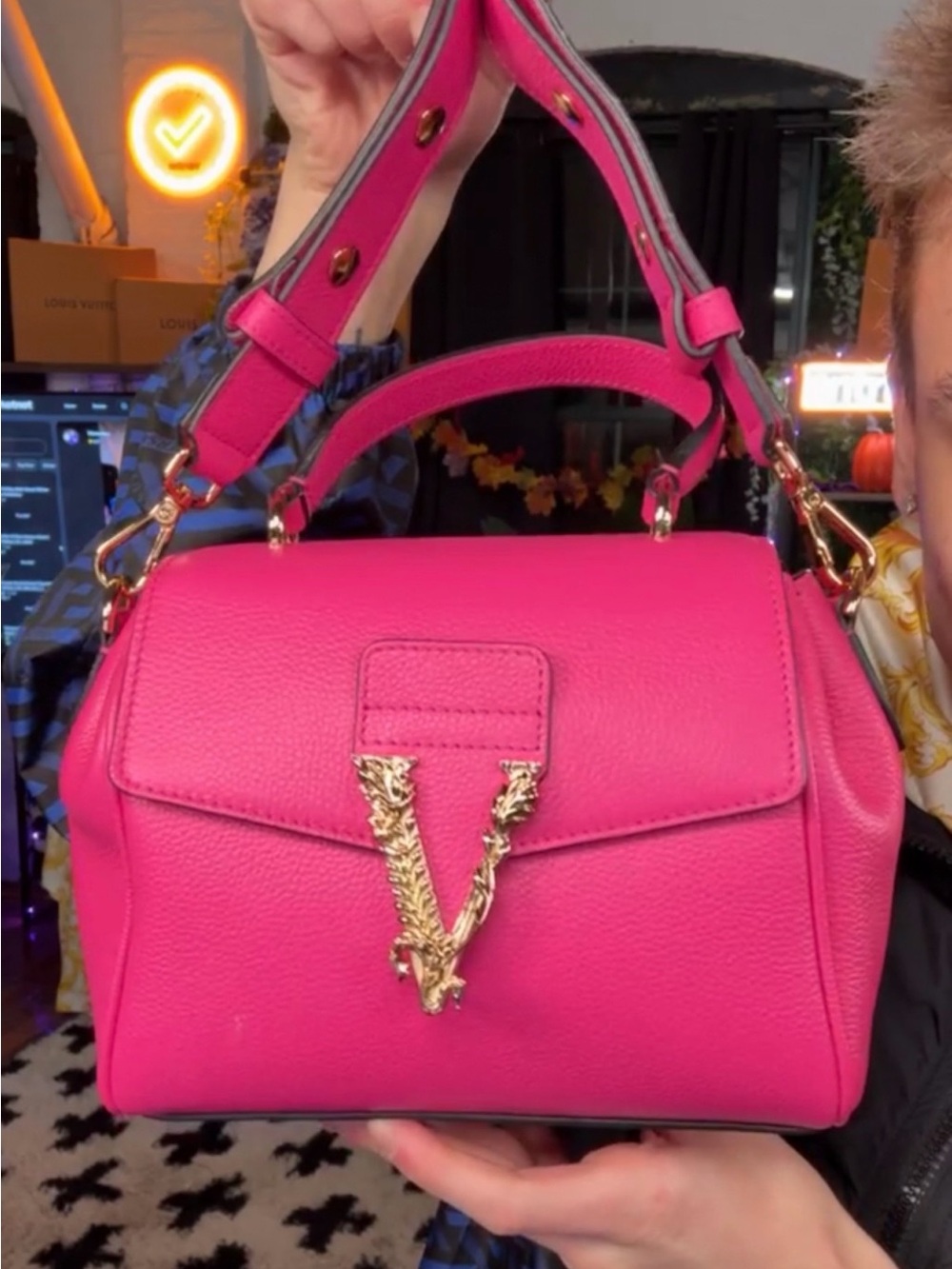 Versace Virtus Grainy Calf Small Pink Top-Handle Satchel with Gold Hardware - Picture 11 of 13